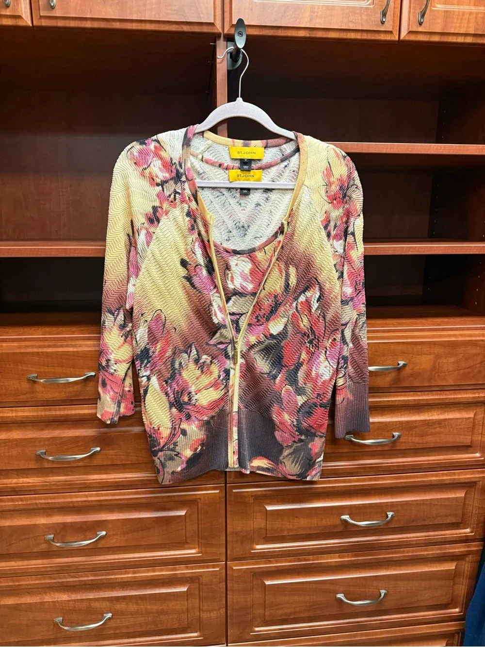 St. John Multicolor Floral Zip-Front Cardigan & Matching Tank Set